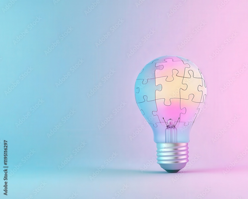 Poster light bulb with puzzle piece patterns glowing in gradient tones