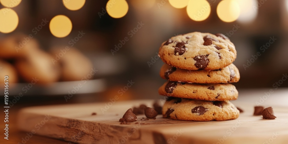 Poster stack of golden chocolate chip cookies on wooden surface with blurred warm bokeh background highligh