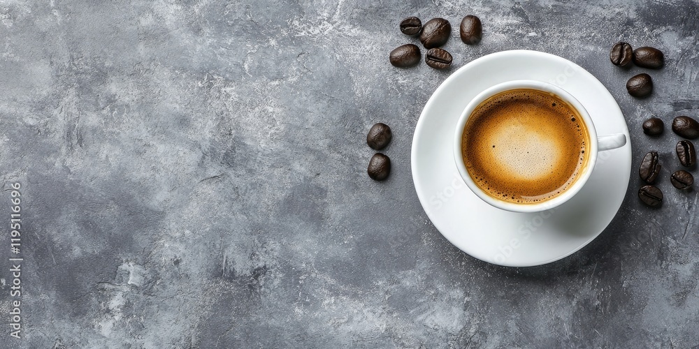 Poster coffee cup with espresso on gray stone surface with scattered coffee beans positioned to the right c