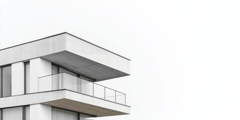 Obraz premium Modern architectural design showcasing a sleek lath facade in soft gray tones against a minimalist white background for real estate marketing.
