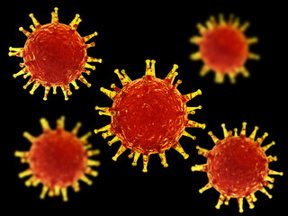 Virus on a black background. Red and yellow viruses cells. 3d medical illustration. Dangerous virus. Flu, SARS. Biohazard.
