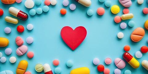 Colorful assorted pills with vibrant shades and a central red paper heart on a light blue background arranged in an artistic flat lay composition