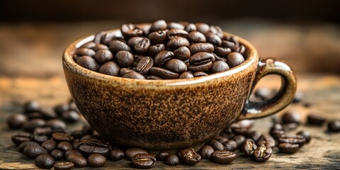 Fototapeta premium Cup overflowing with dark roasted coffee beans on rustic wooden surface with scattered beans in foreground and blurred background.