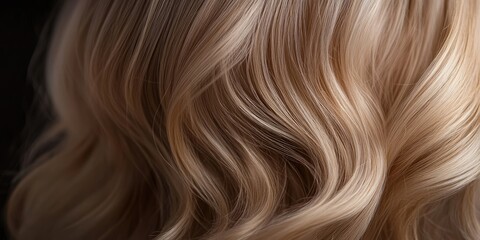 Fototapeta premium Soft golden blonde hair with gentle waves against a dark background highlighting texture and shine, capturing a sense of elegance and beauty.