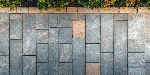 Top view of modern paved pathway with gray marble and granite tiles featuring a light brown slab, bordered by green shrubs and copyspace on the side