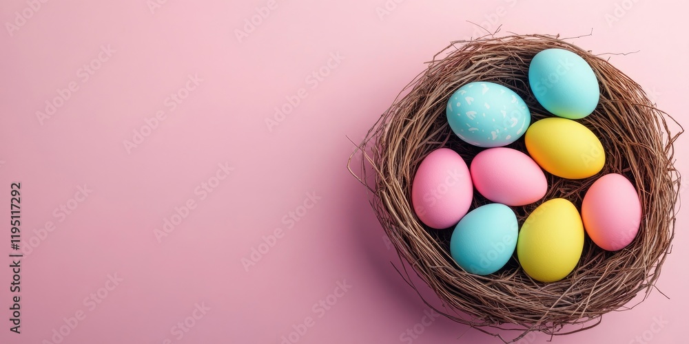 Aufkleber colorful easter eggs in a natural nest on a soft pink backdrop arranged in a circle with space for t