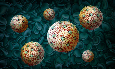 Dangerous bacteria cells in blood. 3d medical illustration. Biohazard. Virus or bacteria. High resolution.