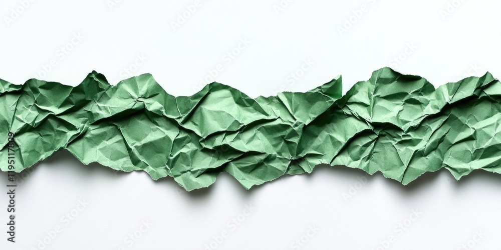 Poster crumpled green paper texture with a diagonal torn edge on a white background showcasing wrinkled ele