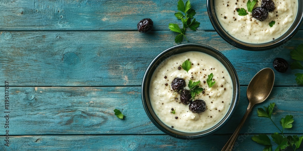 Poster creamy parsnip and prune soup in dark bowls on blue wooden table with black olives and parsley on to