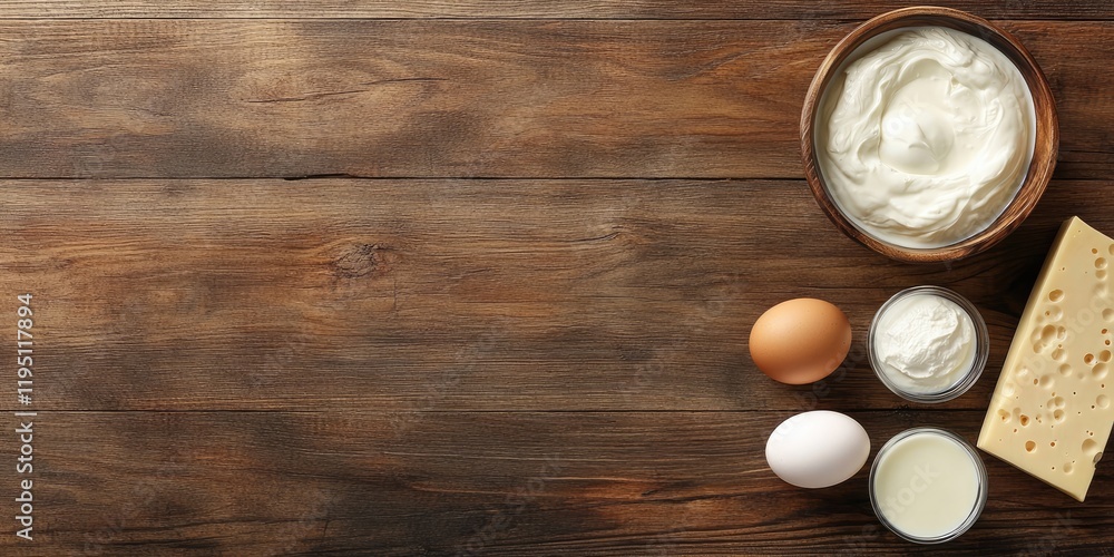 Poster dairy products arranged on a rustic wooden table include sour cream in a bowl cheese eggs and yogurt