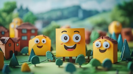 Playful Paper Craft Town with Happy Yellow Square Character Surrounded by Colorful Homes, Trees, and Scenic Landscape in a Whimsical Atmosphere