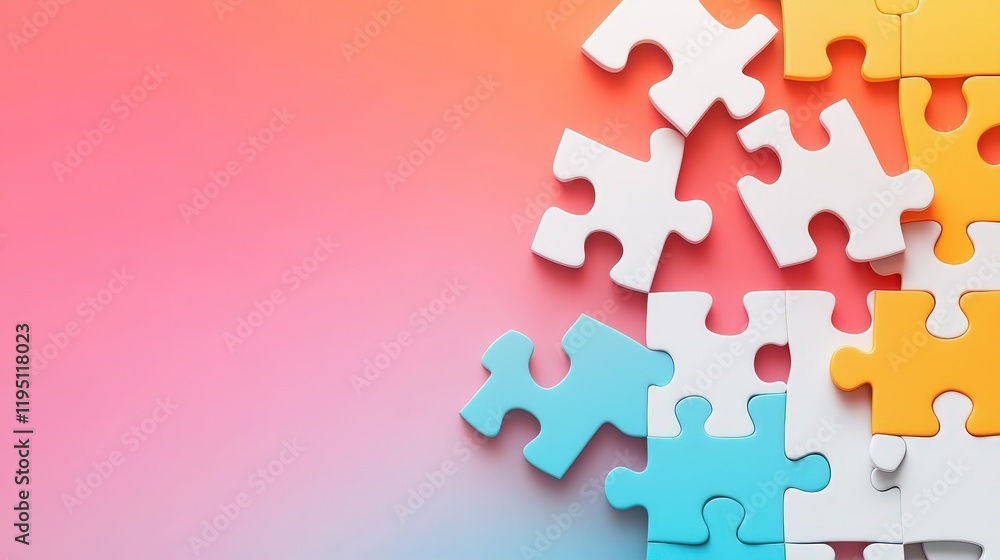 Poster maze intertwined with puzzle pieces on a gradient glowing background