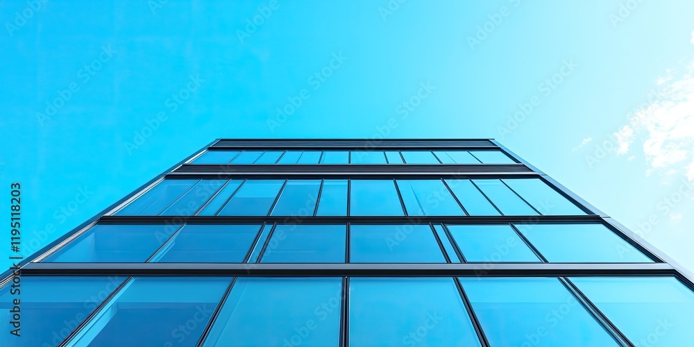Poster modern glass building with large windows against a bright blue sky viewed from a low angle emphasizi