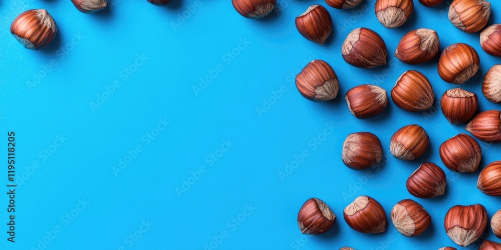 Aufkleber hazelnuts arranged in a frame on a vibrant blue background with a clear top view copy space for heal