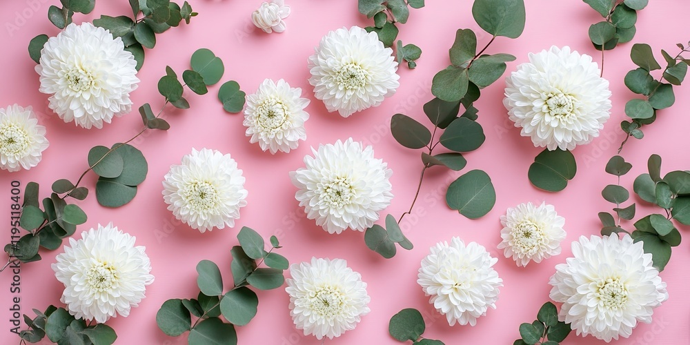 Poster flat lay of white chrysanthemum flowers and eucalyptus leaves on a soft pink background with ample c