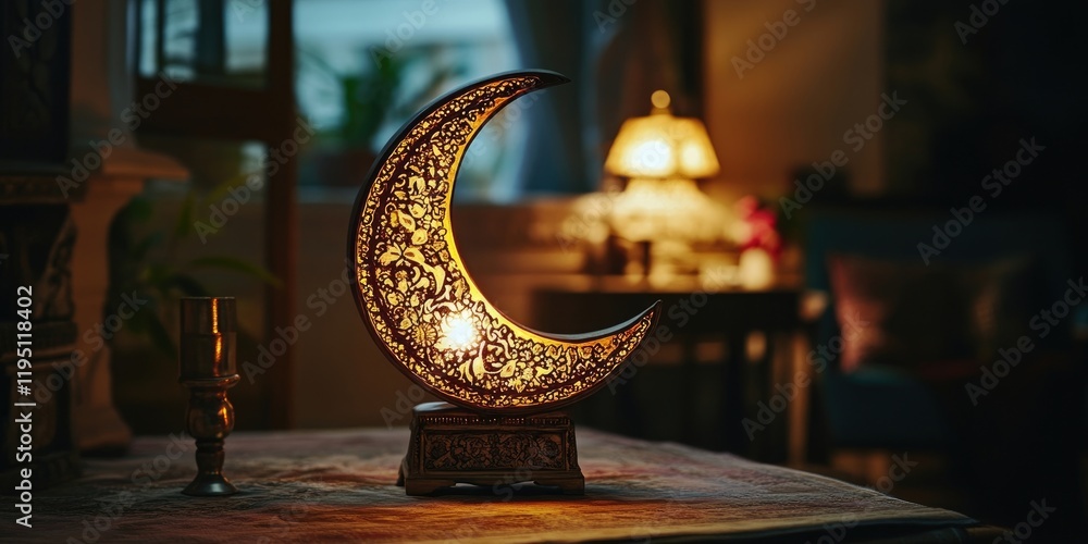 Poster crescent moon moroccan lantern lamp with intricate patterns illuminated on a table in a softly lit r
