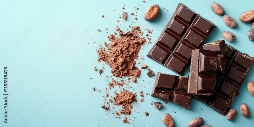 Poster rich dark chocolate bars scattered with cacao powder and cocoa beans on a soft blue background with 