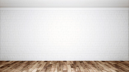 Empty room with white brick wall. 3d rendering. Wooden floor. Classical room.