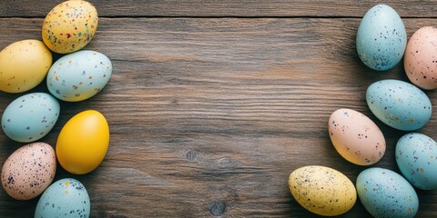 Colorful Easter eggs in pastel shades of blue, pink, yellow, and green arranged in a circular pattern on rustic wooden surface flat lay design