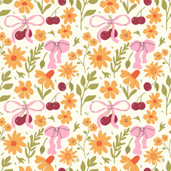 Vintage seamless pattern with spring flowers, cherries, hand drawn bows