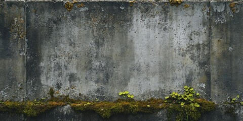 Naklejka premium Weathered concrete wall texture featuring moss and lichen growth with shades of gray and green, creating a rustic natural backdrop.