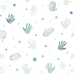 Fototapeta premium Elegant Watercolor Doodle Design with Movement and Depth, Including Gray and Teal Handprints on White Fabric for Interior Items