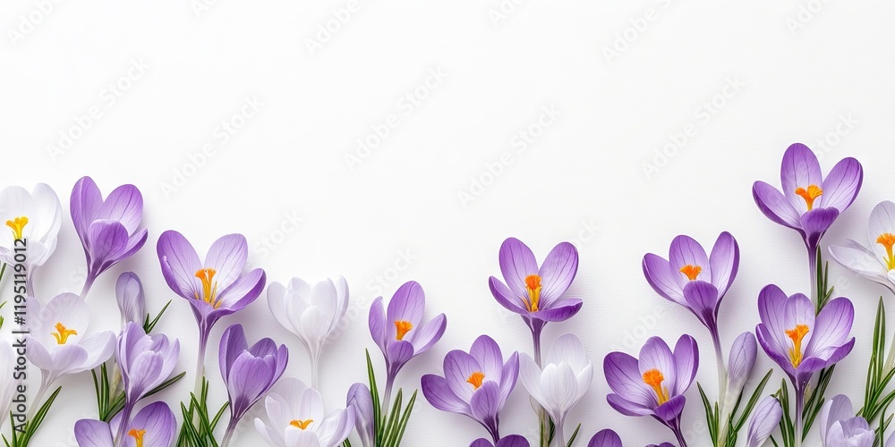 Poster crocuses in purple and white arranged along the bottom of a white background creating a bright sprin