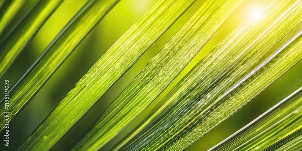 Poster macro view of vibrant green sugar palm tree leaves illuminated by sunlight creating a lush exotic le