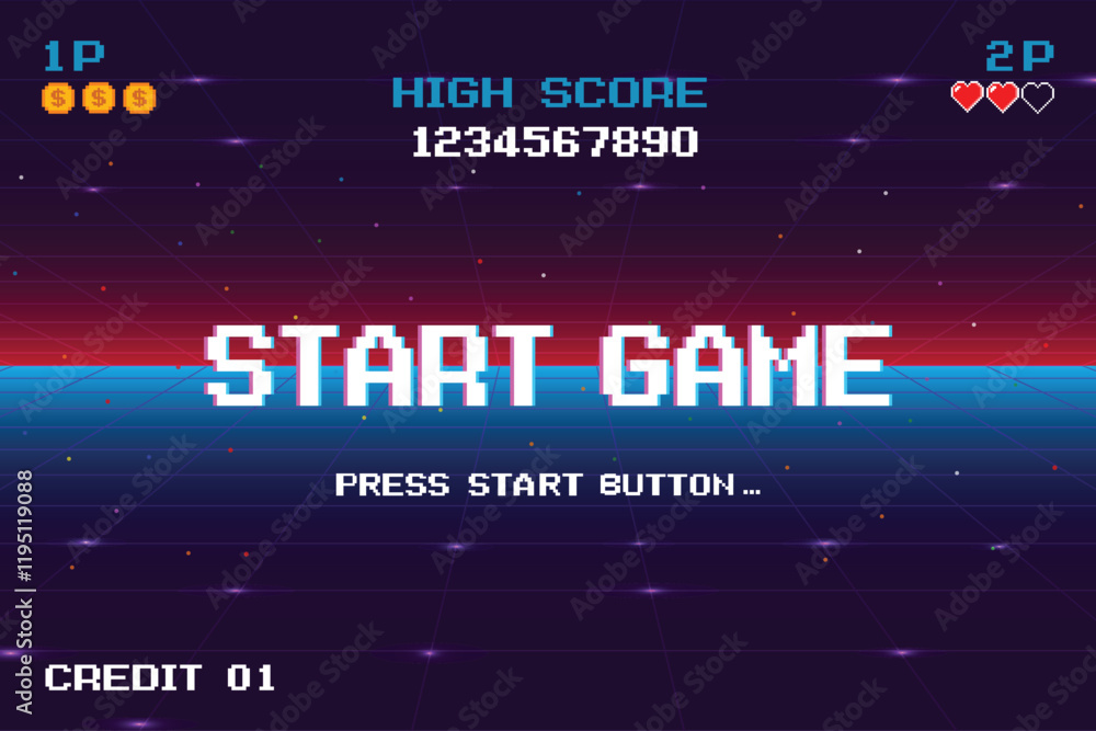 Poster start game. pixel art .8 bit game. retro game. for game assets in vector illustrations. arcade gamin