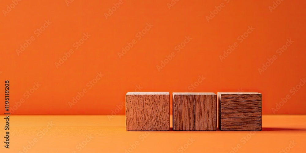 Poster wooden cubes displaying the concept of time on an orange table with a matching background, featuring