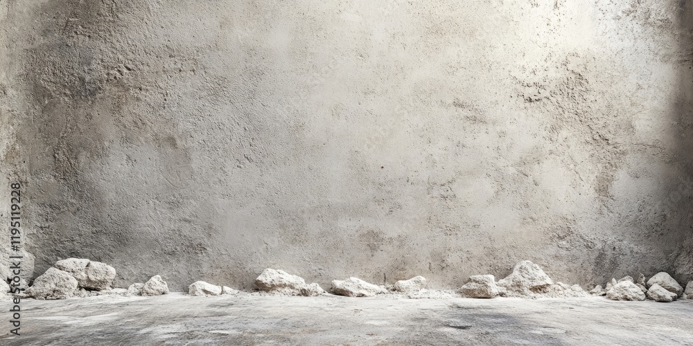 Poster textured concrete wall with rough surface and scattered stones at the bottom creating ample space fo