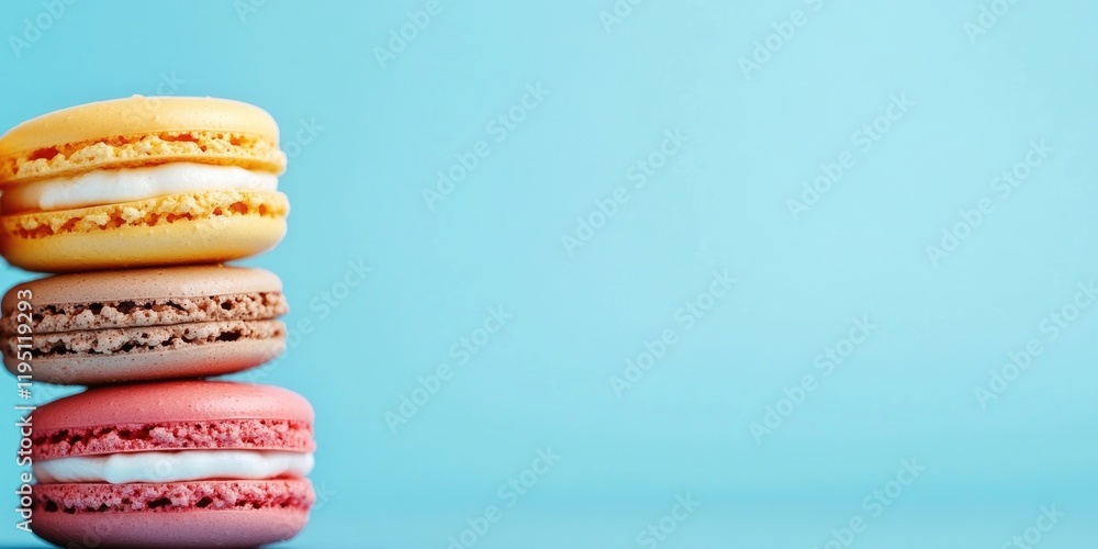Poster stack of colorful macarons in yellow, brown, and pink on a soft blue backdrop with ample copy space 