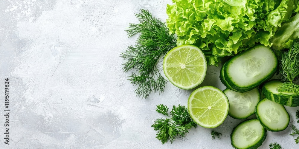 Poster fresh green lettuce, cucumber slices, dill, and halved lime arranged on a light textured background 