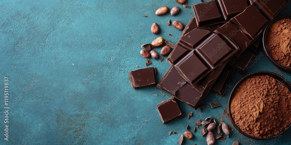 Poster dark chocolate bars scattered with cacao powder and cocoa beans on a textured teal background, featu