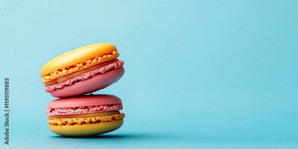 Poster two colorful macaron desserts stacked on top of each other against a solid light blue background wit