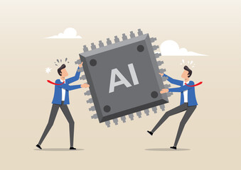 Businessmen tug of war fighting to get a computer chip