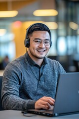 Smiling male customer service, headset, desk, modern office, video call 1