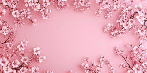 Blooming cherry blossom flower frame on a soft millennial pink background with delicate petals arranged around empty center for text placement