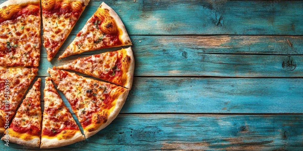 Poster sliced pizza displayed on a rustic blue wooden background with ample negative space on the right for