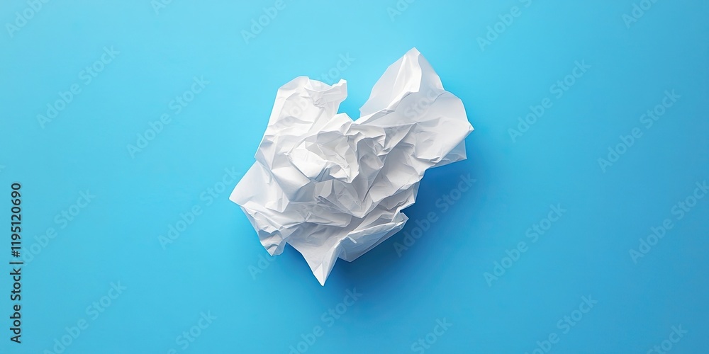 Poster crumpled white paper centered on a vibrant blue background, creating a stark contrast between the te