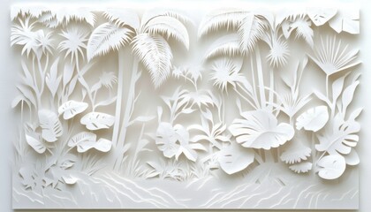 Crafting paper cuts of the amazon rainforest canopy white wood cut art creative nature masterpiece serene environment