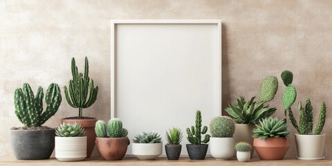 Fototapeta premium Modern interior decor with various cactus and succulent plants in diverse pots against a warm beige background with a central blank white frame
