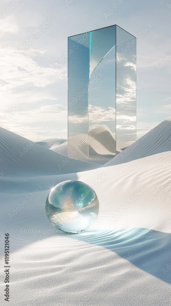 Poster Crystal sphere and reflective monolith in a serene desert landscape