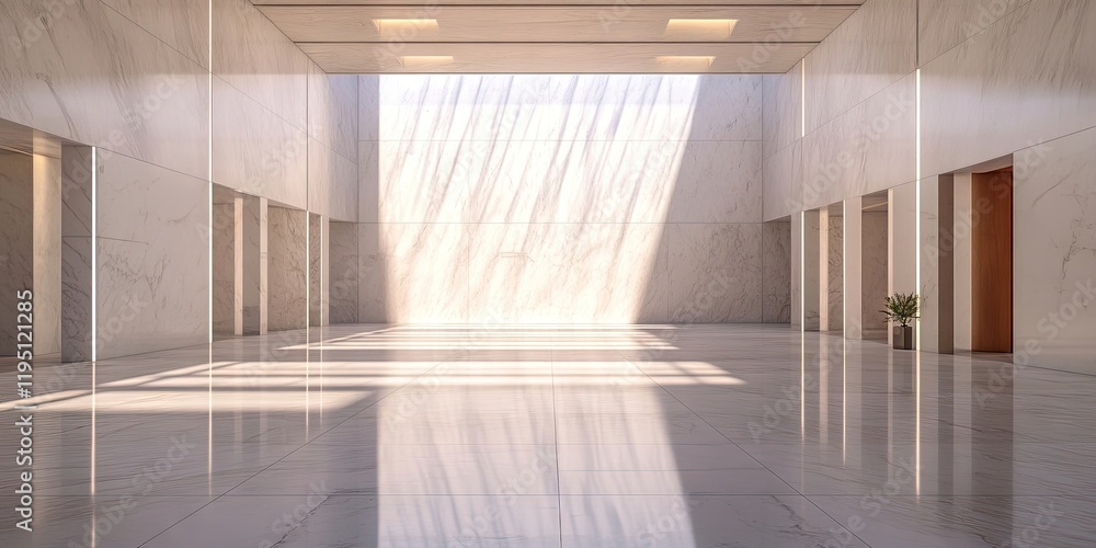 Poster modern architectural interior with spacious empty marble floor reflecting sunlight through large win