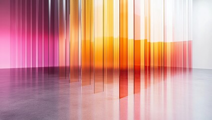 3D rendering of vertical stripes of colored glass, with a gradient from light pink to orange and red