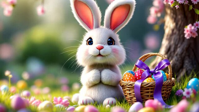 Cartoon fluffy bunny sings  with a basket with Easter eggs. Template for Easter animated invitation, card, children's party, advertising materials, festive social media posts