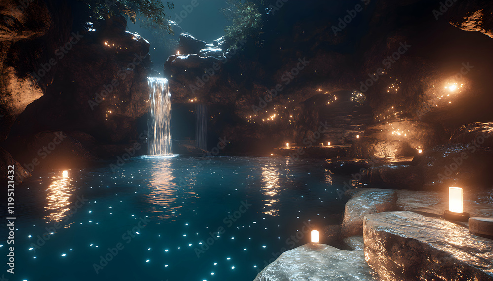 Poster enchanting cave pool with waterfall, illuminated by glowing lights and candles, creating a magical a