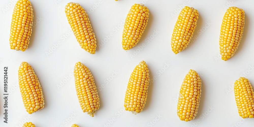 Poster yellow corn arranged in a symmetrical pattern on a white backdrop showcasing flat lay and top-down p