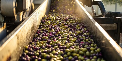 Conveyor belt filled with freshly harvested green and purple olives illuminated by sunlight, showcasing the unloading process from the field.