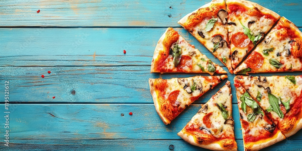 Poster sliced pizza on a rustic blue wooden background with vibrant toppings positioned centrally and ample